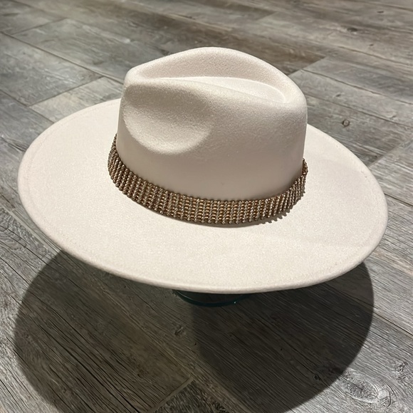 Elegant Cream Country Western Fedora Panama Hat with Brown Gold Rhinestone Band - Picture 10 of 15